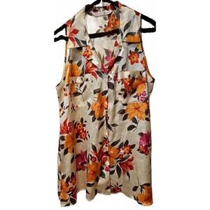 Vtg Victoria Secret Floral Sleeveless Button Up Collared Blouse Satin Medium
